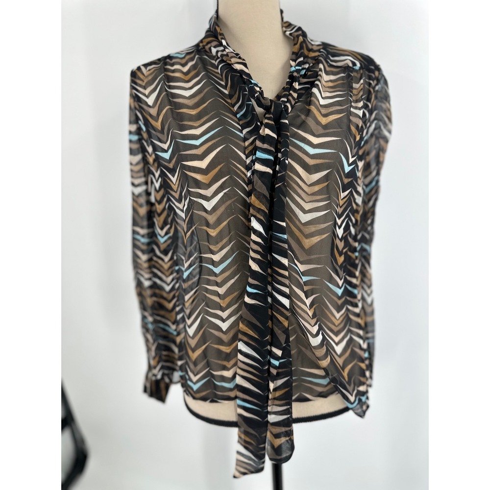 Diane von Furstenberg Silk Tie Neck Blouse Brown Blue Black Size 6 Sheer‎ Luxury